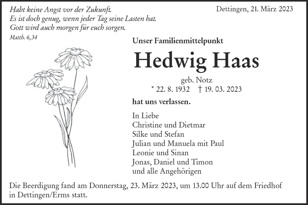  Traueranzeige für Hedwig Haas vom 30.03.2023 aus Metzinger-Uracher Volksblatt