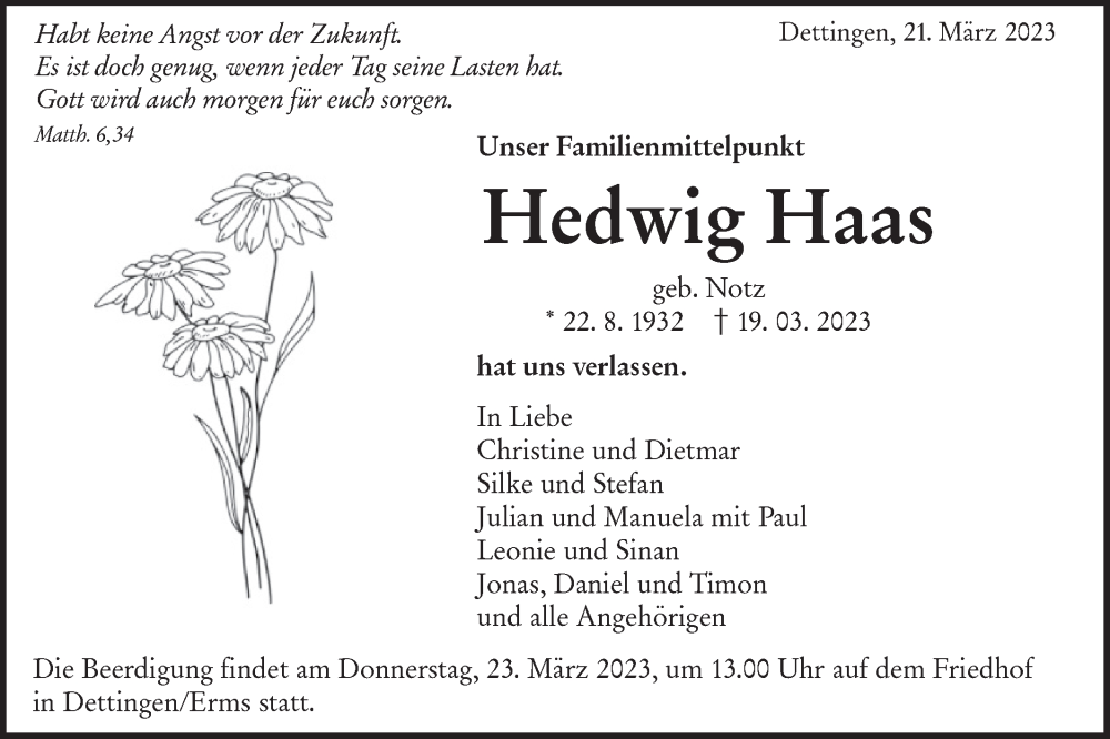 Traueranzeige für Hedwig Haas vom 21.03.2023 aus Metzinger-Uracher Volksblatt