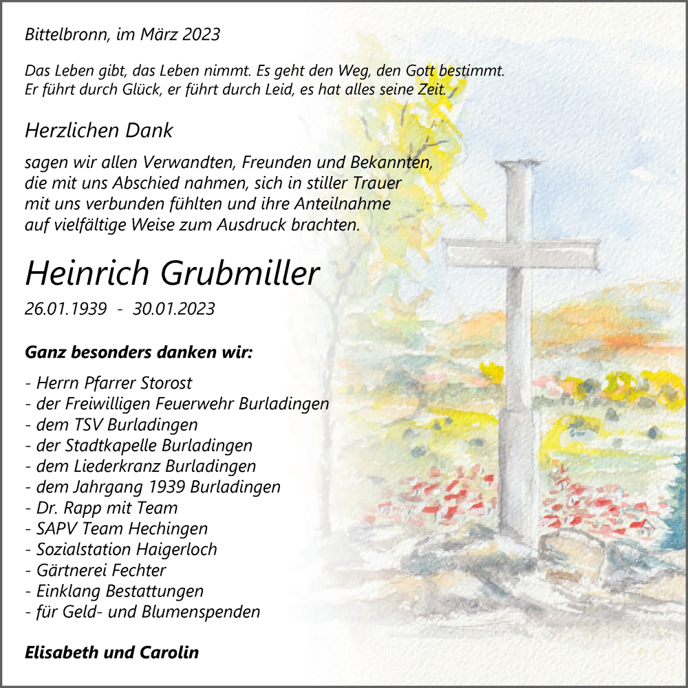  Traueranzeige für Heinrich Grubmiller vom 04.03.2023 aus Metzinger-Uracher Volksblatt