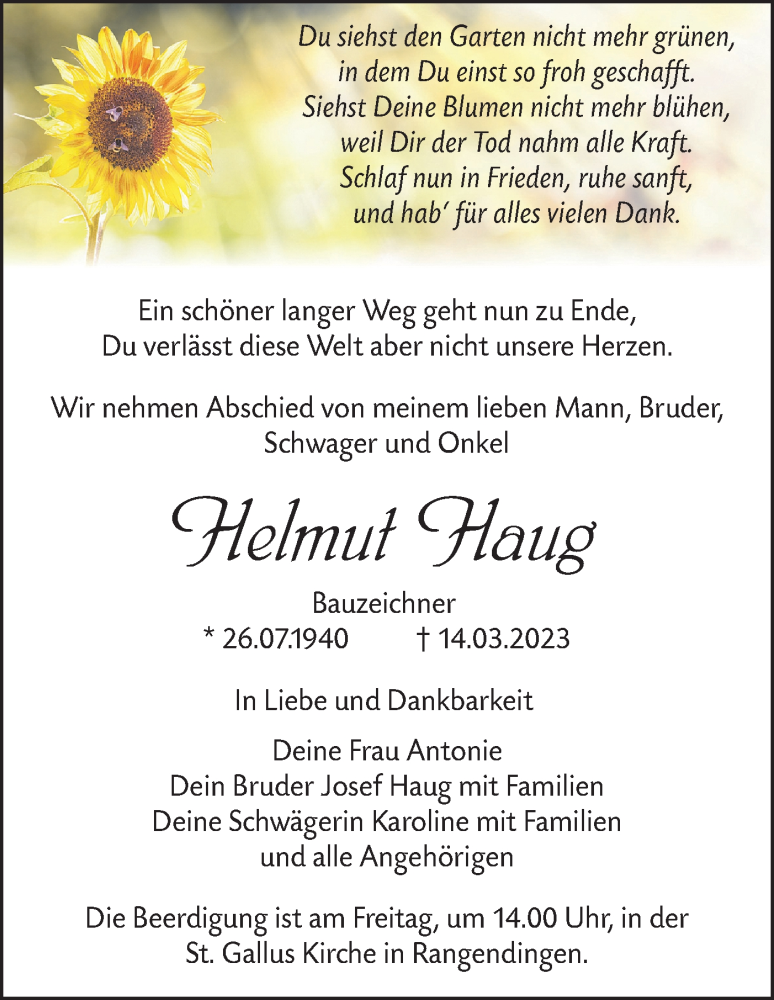  Traueranzeige für Helmut Haug vom 16.03.2023 aus Metzinger-Uracher Volksblatt