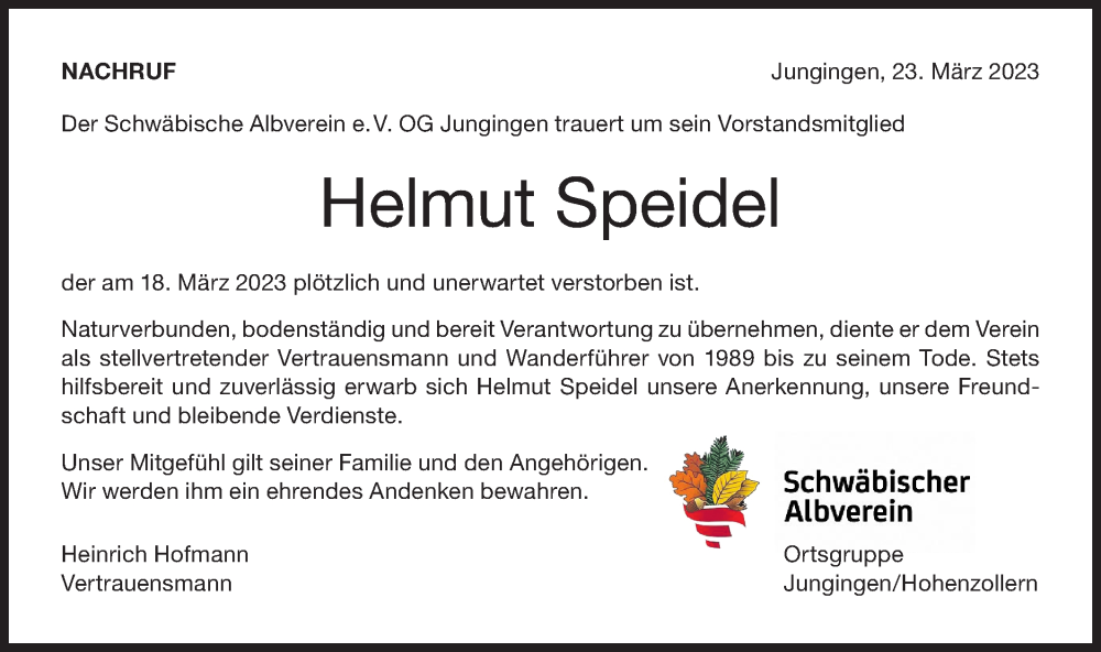  Traueranzeige für Helmut Speidel vom 23.03.2023 aus Metzinger-Uracher Volksblatt