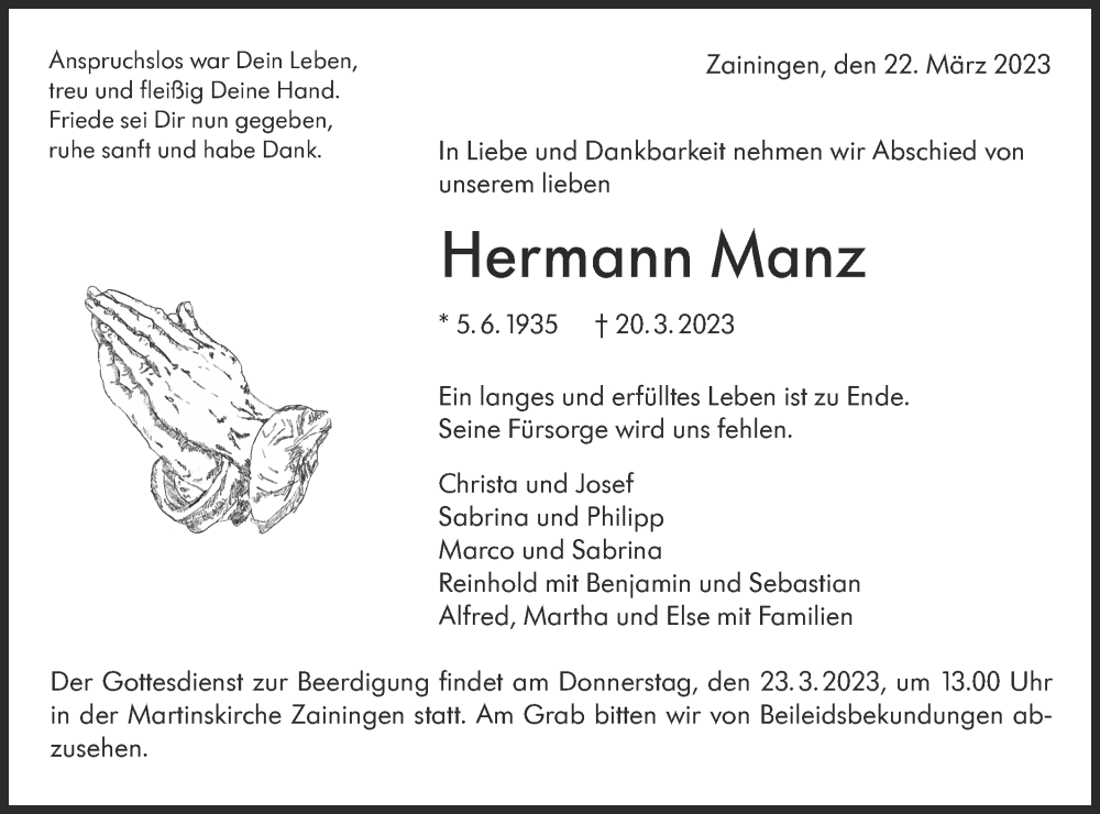  Traueranzeige für Hermann Manz vom 22.03.2023 aus Alb-Bote/Metzinger-Uracher Volksblatt