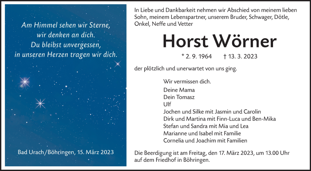  Traueranzeige für Horst Wörner vom 15.03.2023 aus Alb-Bote/Metzinger-Uracher Volksblatt