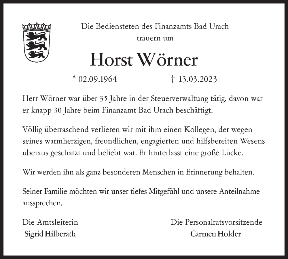  Traueranzeige für Horst Wörner vom 17.03.2023 aus Metzinger-Uracher Volksblatt