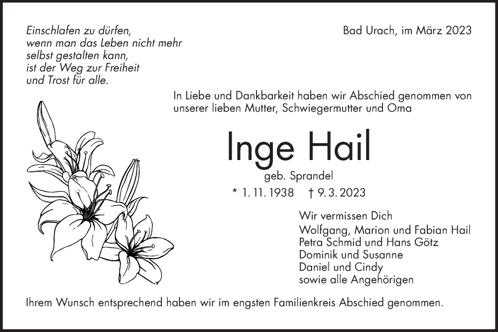  Traueranzeige für Inge Hail vom 14.03.2023 aus Metzinger-Uracher Volksblatt