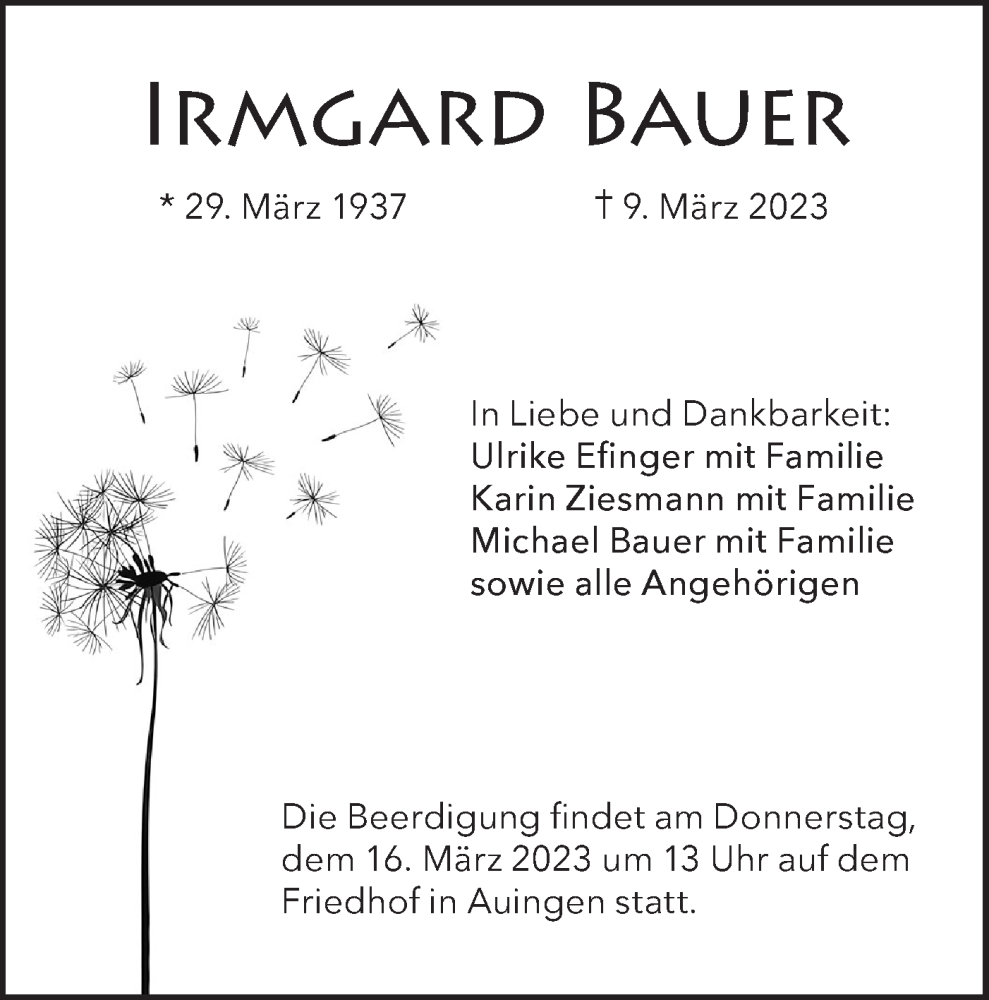  Traueranzeige für Irmgard Bauer vom 14.03.2023 aus Alb-Bote/Metzinger-Uracher Volksblatt