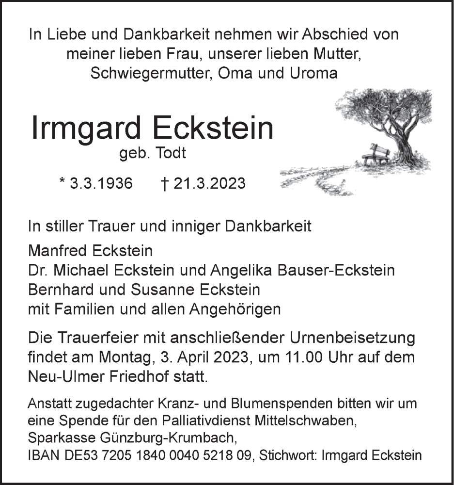  Traueranzeige für Irmgard Eckstein vom 25.03.2023 aus SÜDWEST PRESSE Ausgabe Ulm/Neu-Ulm