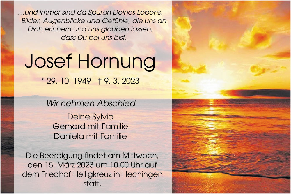  Traueranzeige für Josef Hornung vom 14.03.2023 aus Metzinger-Uracher Volksblatt