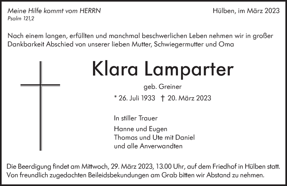  Traueranzeige für Klara Lamparter vom 25.03.2023 aus Alb-Bote/Metzinger-Uracher Volksblatt