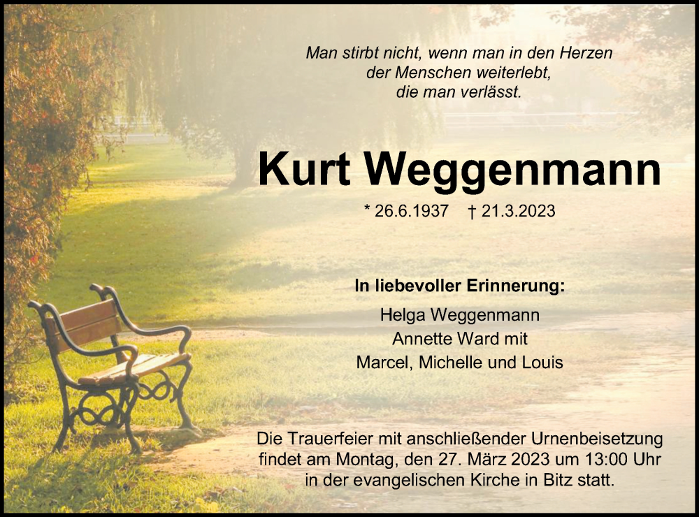  Traueranzeige für Kurt Weggenmann vom 24.03.2023 aus Metzinger-Uracher Volksblatt