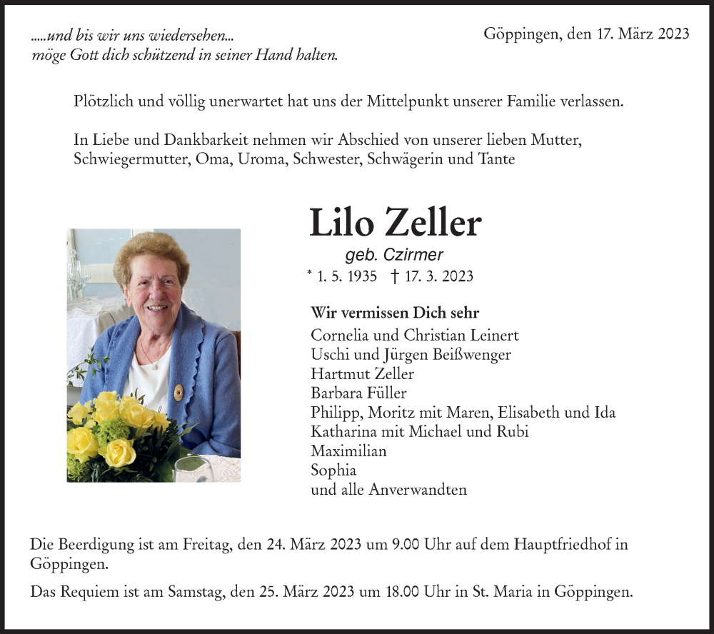  Traueranzeige für Lilo Zeller vom 21.03.2023 aus NWZ Neue Württembergische Zeitung/Geislinger Zeitung