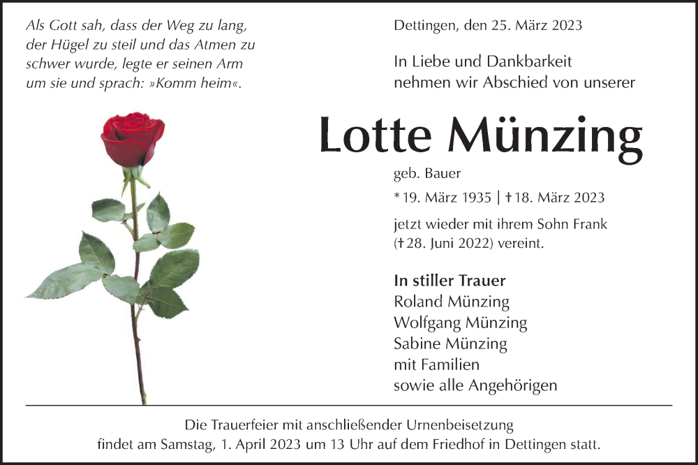  Traueranzeige für Lotte Münzing vom 28.03.2023 aus Metzinger-Uracher Volksblatt