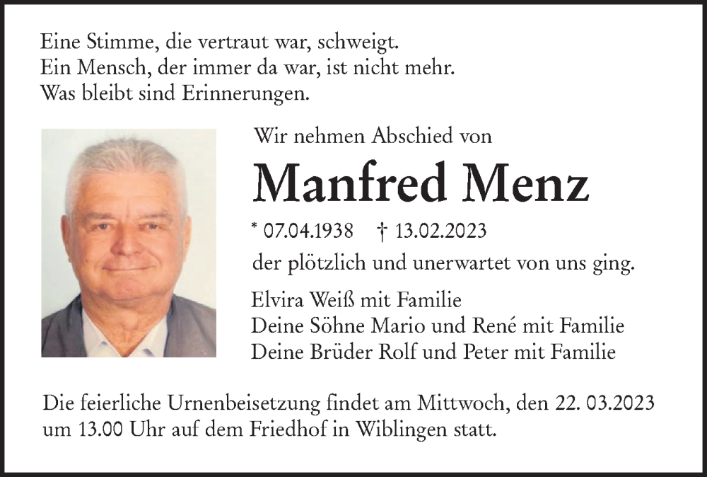  Traueranzeige für Manfred Menz vom 18.03.2023 aus SÜDWEST PRESSE Ausgabe Ulm/Neu-Ulm
