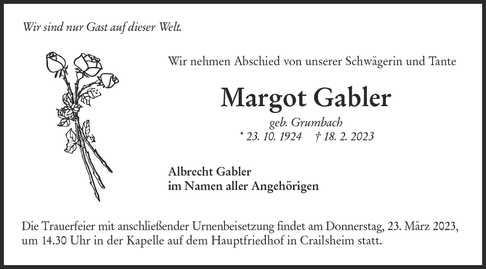  Traueranzeige für Margot Gabler vom 18.03.2023 aus Hohenloher Tagblatt