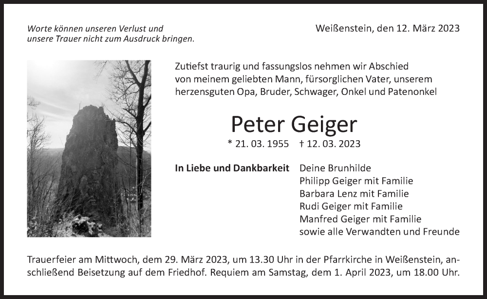  Traueranzeige für Peter Geiger vom 25.03.2023 aus NWZ Neue Württembergische Zeitung