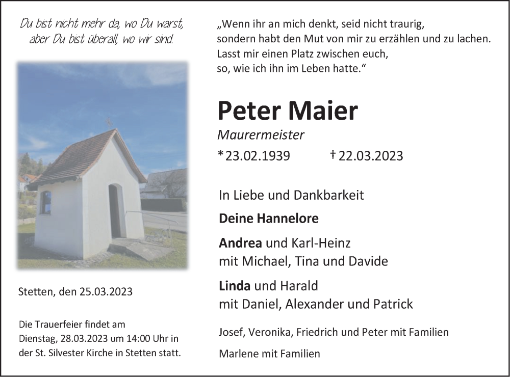  Traueranzeige für Peter Maier vom 25.03.2023 aus Metzinger-Uracher Volksblatt