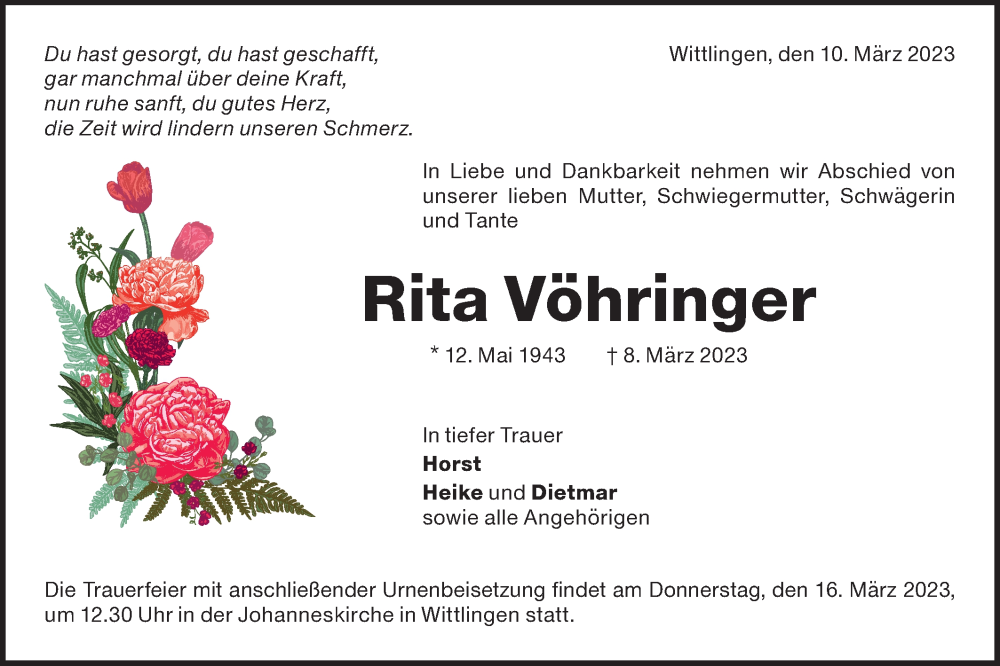  Traueranzeige für Rita Vöhringer vom 10.03.2023 aus Metzinger-Uracher Volksblatt