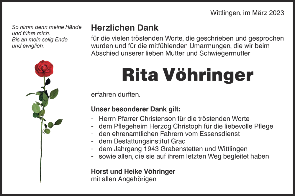  Traueranzeige für Rita Vöhringer vom 24.03.2023 aus Metzinger-Uracher Volksblatt