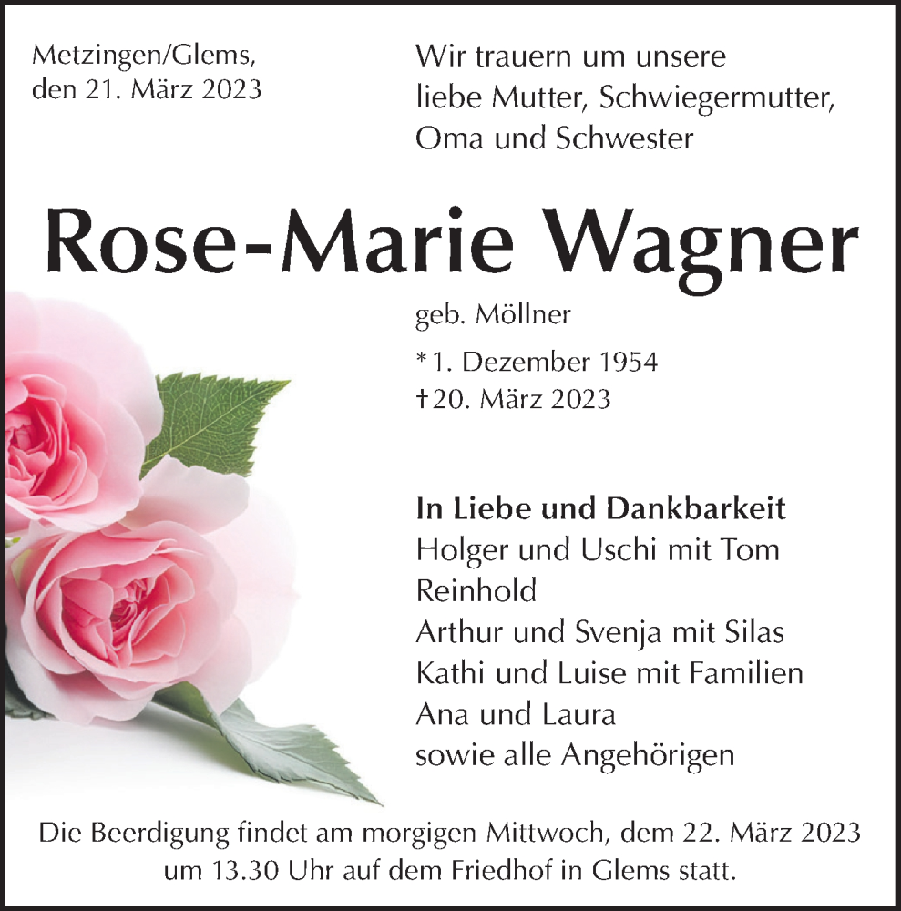  Traueranzeige für Rose-Marie Wagner vom 21.03.2023 aus Metzinger-Uracher Volksblatt