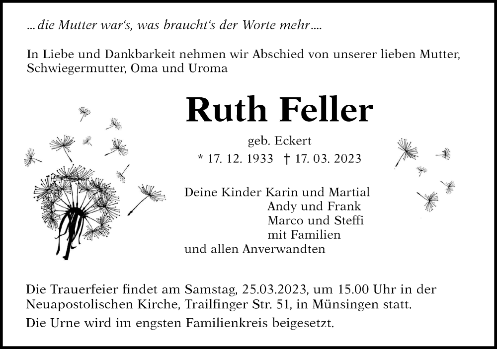  Traueranzeige für Ruth Feller vom 23.03.2023 aus Alb-Bote/Metzinger-Uracher Volksblatt