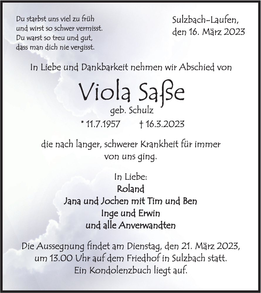  Traueranzeige für Viola Saße vom 18.03.2023 aus Rundschau Gaildorf