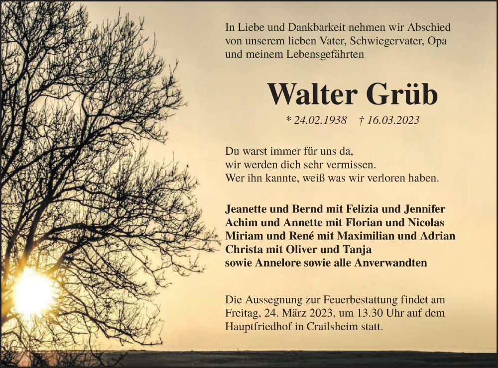  Traueranzeige für Walter Grüb vom 21.03.2023 aus Hohenloher Tagblatt
