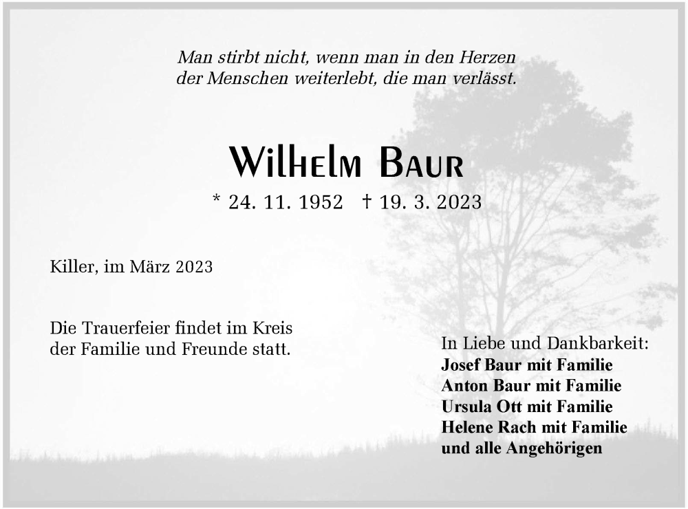  Traueranzeige für Wilhelm Baur vom 25.03.2023 aus Metzinger-Uracher Volksblatt