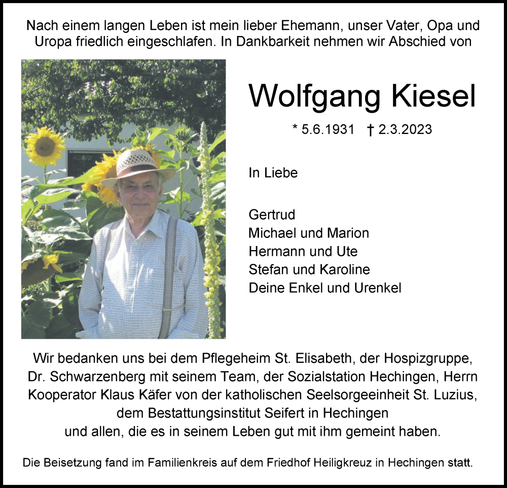 Traueranzeige für Wolfgang Kiesel vom 11.03.2023 aus Metzinger-Uracher Volksblatt