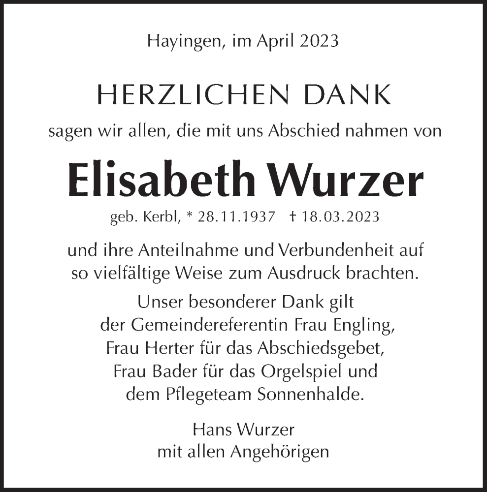  Traueranzeige für Elisabeth Wurzer vom 06.04.2023 aus Alb-Bote/Metzinger-Uracher Volksblatt