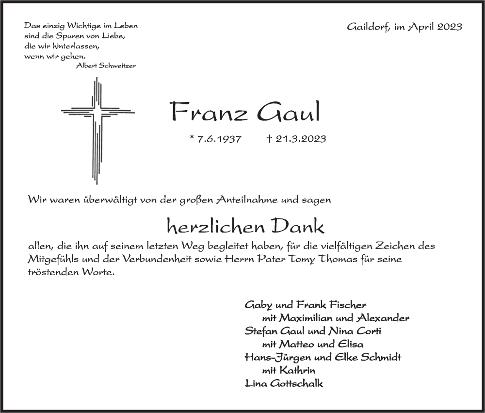  Traueranzeige für Franz Gaul vom 08.04.2023 aus Rundschau Gaildorf