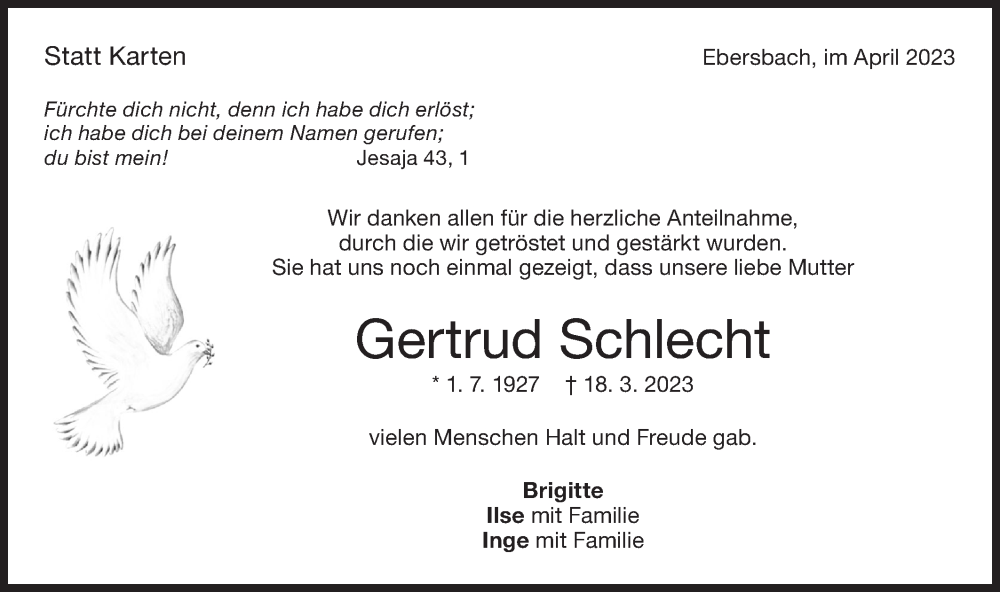 Traueranzeige für Gertrud Schlecht vom 15.04.2023 aus NWZ Neue Württembergische Zeitung