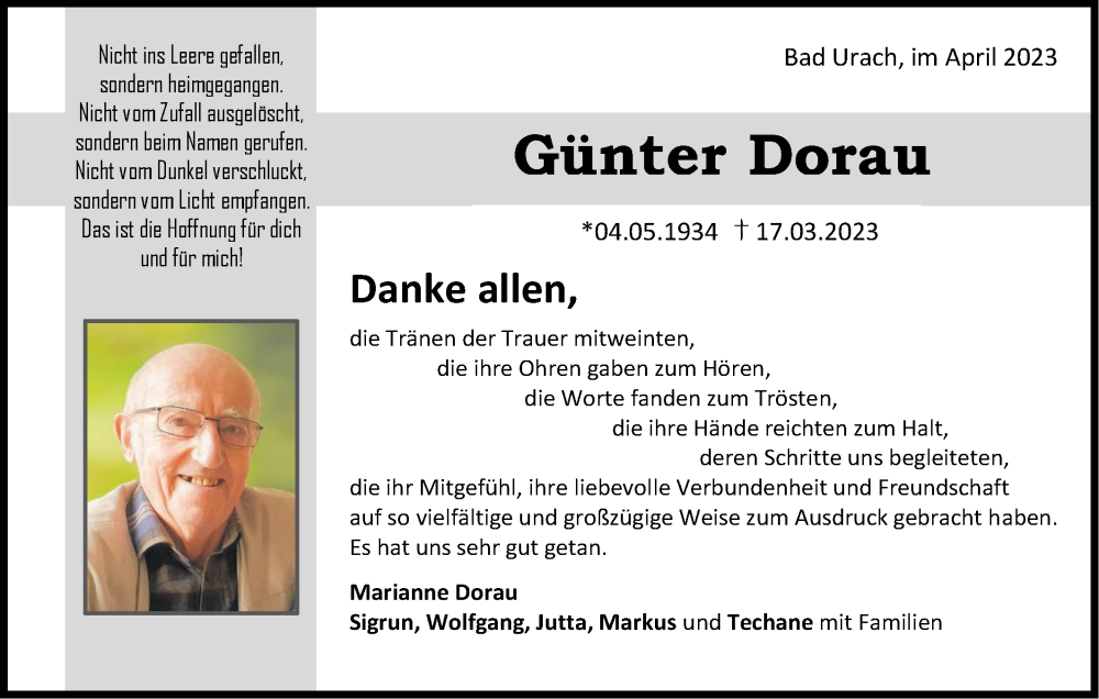  Traueranzeige für Günter Dorau vom 06.04.2023 aus Alb-Bote/Metzinger-Uracher Volksblatt