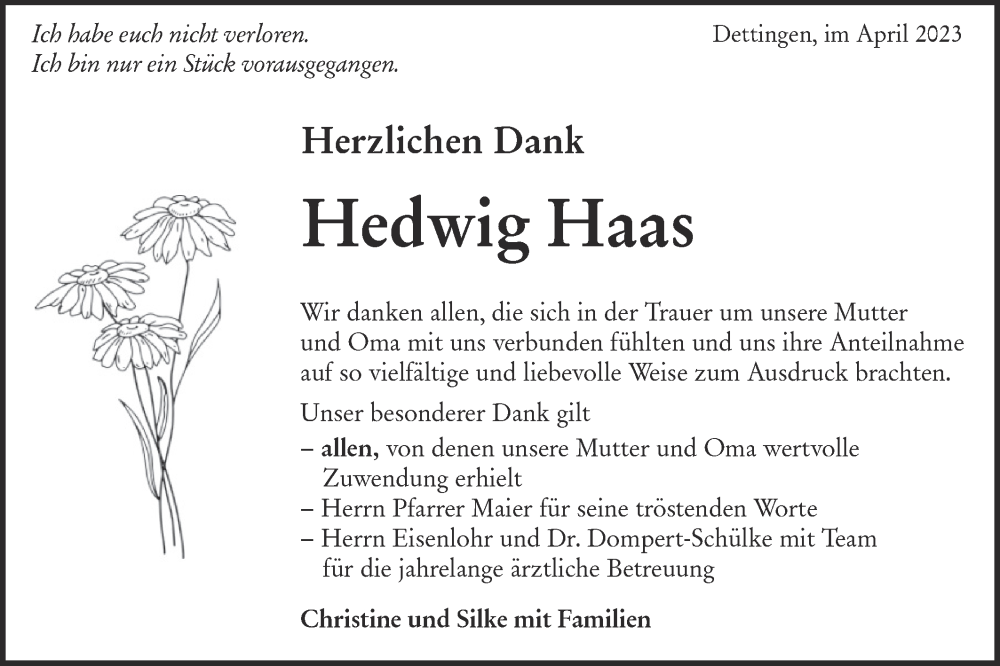  Traueranzeige für Hedwig Haas vom 08.04.2023 aus Metzinger-Uracher Volksblatt