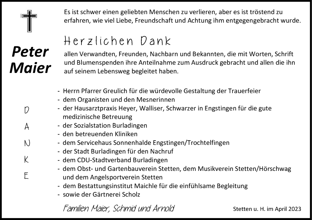  Traueranzeige für Peter Maier vom 15.04.2023 aus Metzinger-Uracher Volksblatt