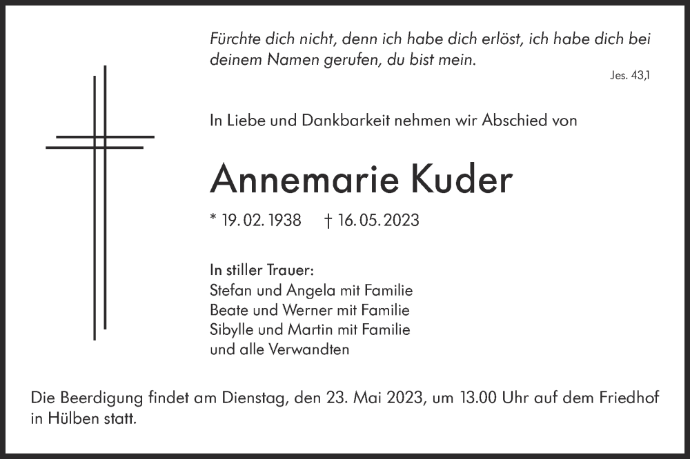  Traueranzeige für Annemarie Kuder vom 20.05.2023 aus Metzinger-Uracher Volksblatt