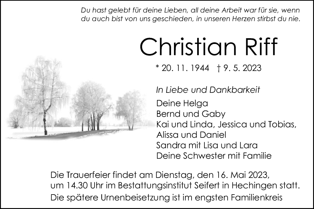  Traueranzeige für Christian Riff vom 13.05.2023 aus Metzinger-Uracher Volksblatt