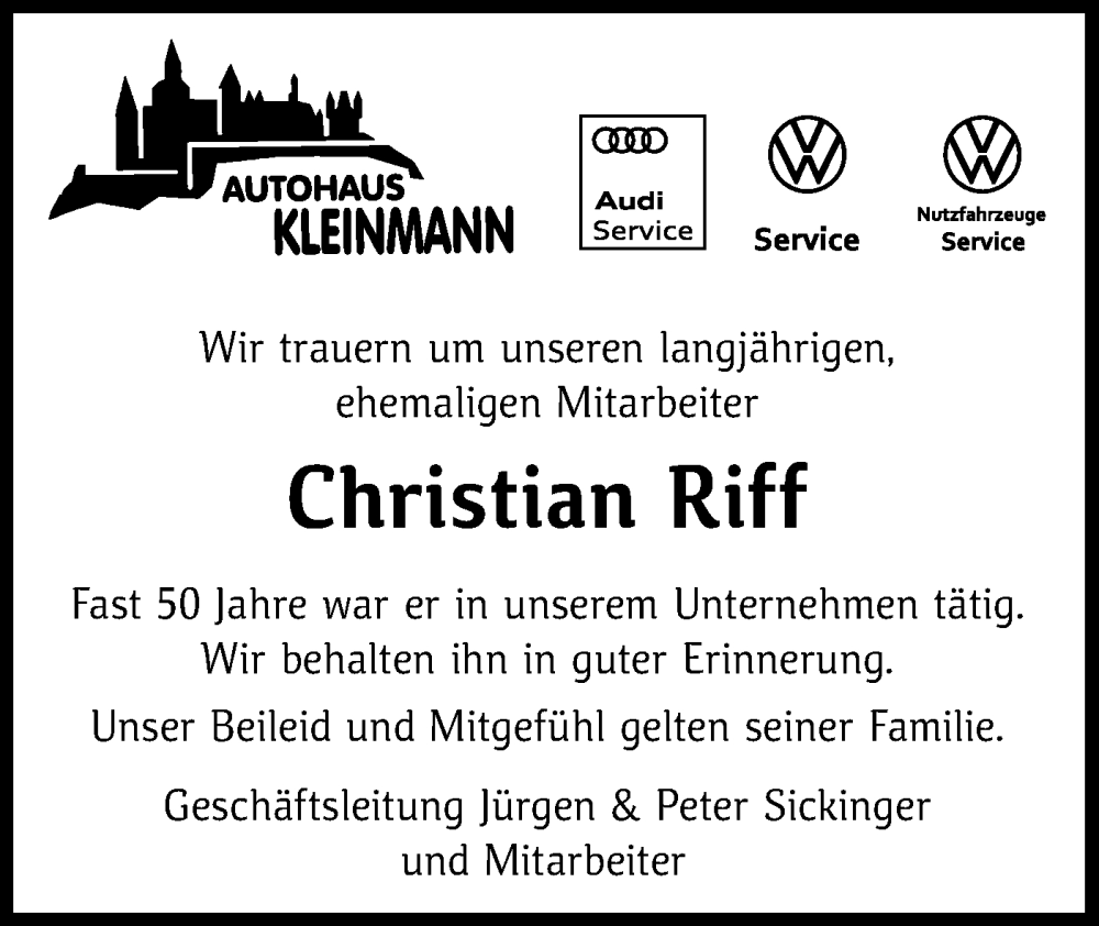  Traueranzeige für Christian Riff vom 17.05.2023 aus Metzinger-Uracher Volksblatt