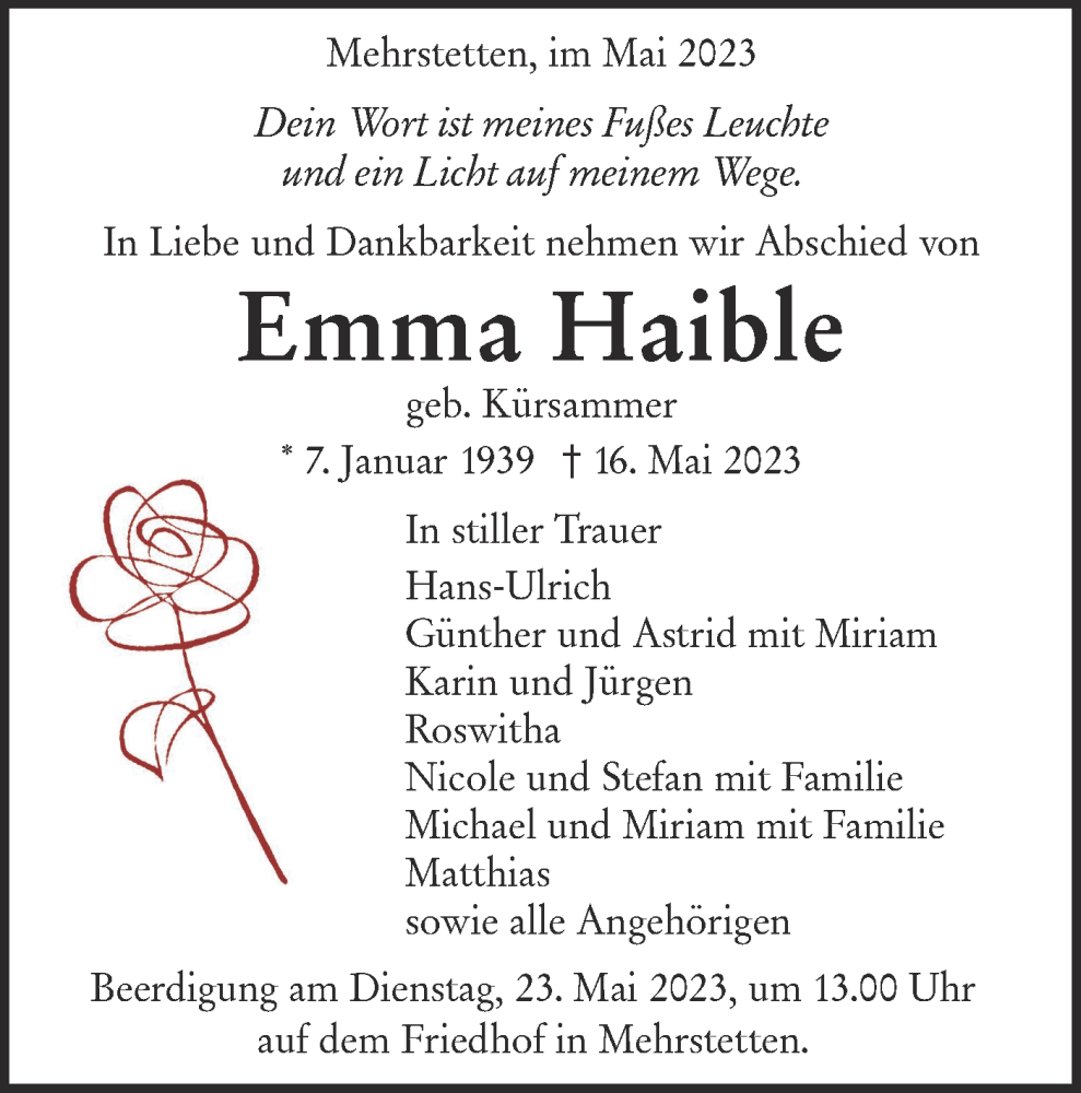  Traueranzeige für Emma Haible vom 20.05.2023 aus Alb-Bote/Metzinger-Uracher Volksblatt