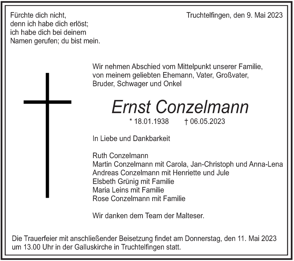  Traueranzeige für Ernst Conzelmann vom 09.05.2023 aus Metzinger-Uracher Volksblatt