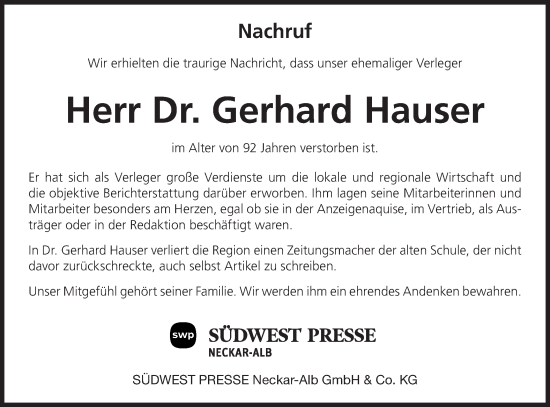 Traueranzeige von Georg Hauser von SÜDWEST PRESSE/SÜDWEST PRESSE