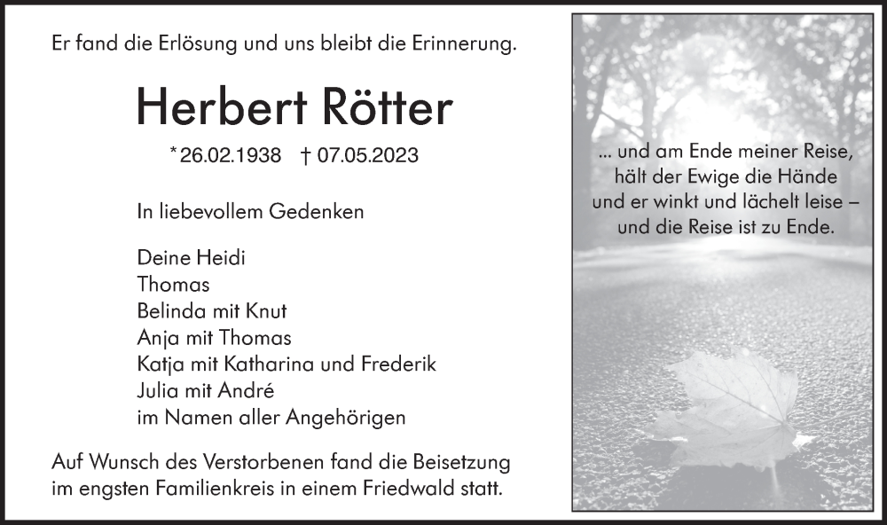  Traueranzeige für Herbert Rötter vom 26.05.2023 aus SÜDWEST PRESSE