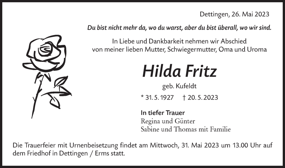  Traueranzeige für Hilda Fritz vom 26.05.2023 aus SÜDWEST PRESSE/SÜDWEST PRESSE