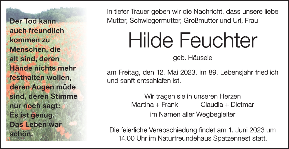  Traueranzeige für Hilde Feuchter vom 26.05.2023 aus SÜDWEST PRESSE