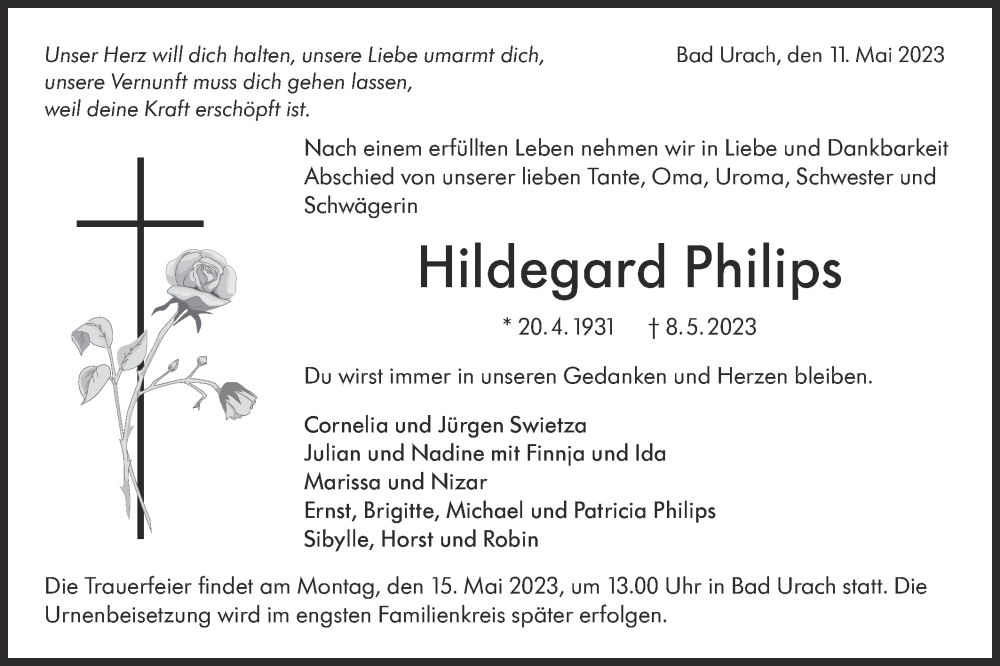  Traueranzeige für Hildegard Philips vom 11.05.2023 aus Metzinger-Uracher Volksblatt