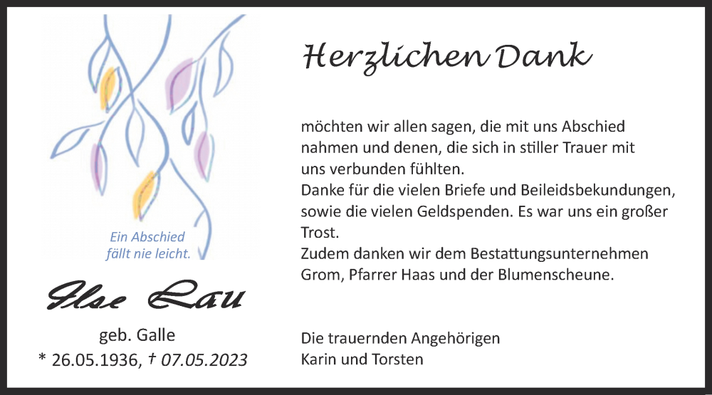  Traueranzeige für Ilse Lau vom 27.05.2023 aus Metzinger-Uracher Volksblatt