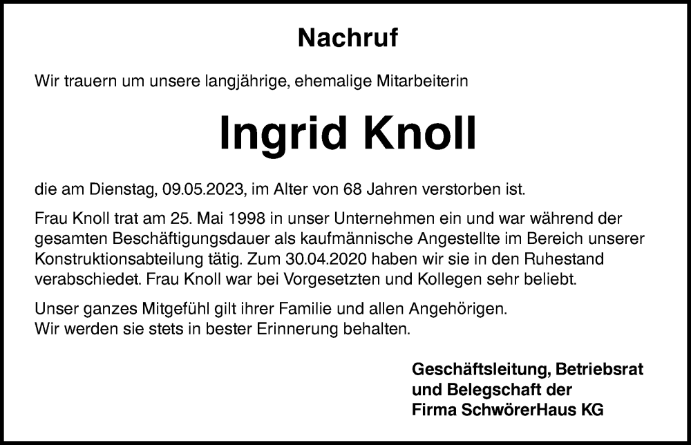  Traueranzeige für Ingrid Knoll vom 13.05.2023 aus Alb-Bote/Metzinger-Uracher Volksblatt