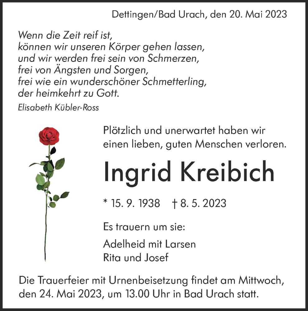  Traueranzeige für Ingrid Kreibich vom 20.05.2023 aus Metzinger-Uracher Volksblatt