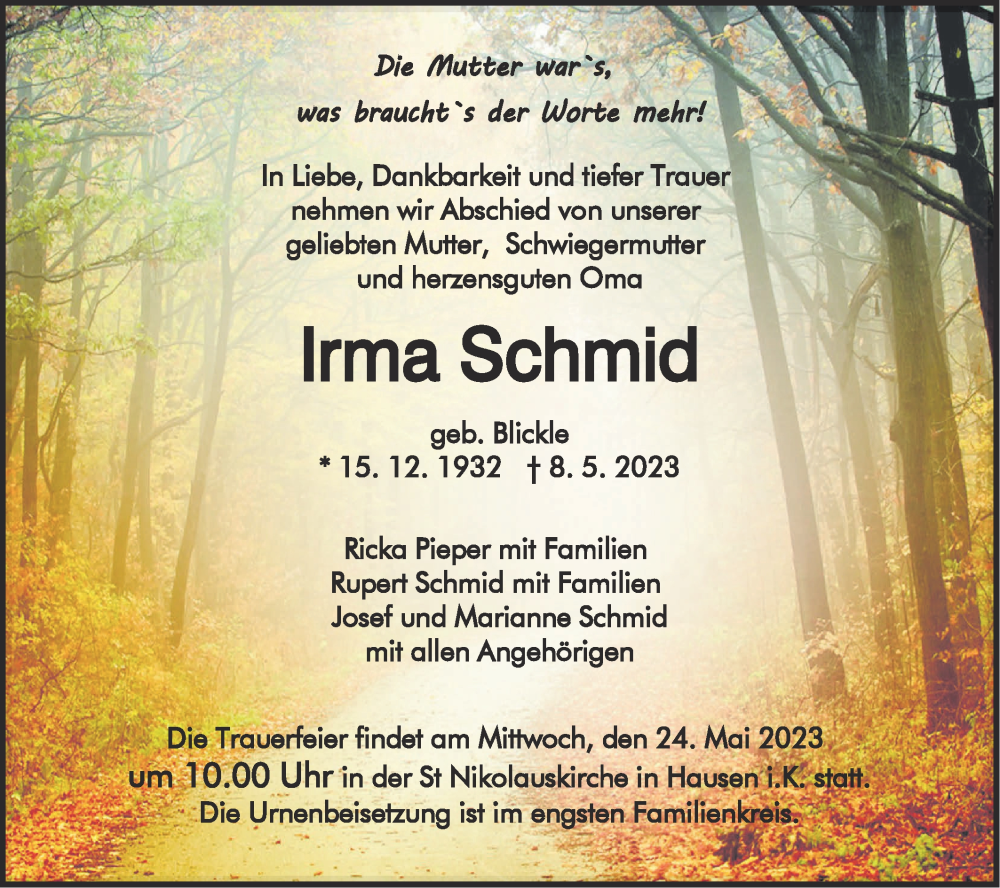  Traueranzeige für Irma Schmid vom 20.05.2023 aus Metzinger-Uracher Volksblatt