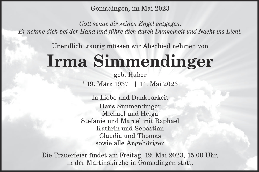  Traueranzeige für Irma Simmendinger vom 17.05.2023 aus Alb-Bote/Metzinger-Uracher Volksblatt
