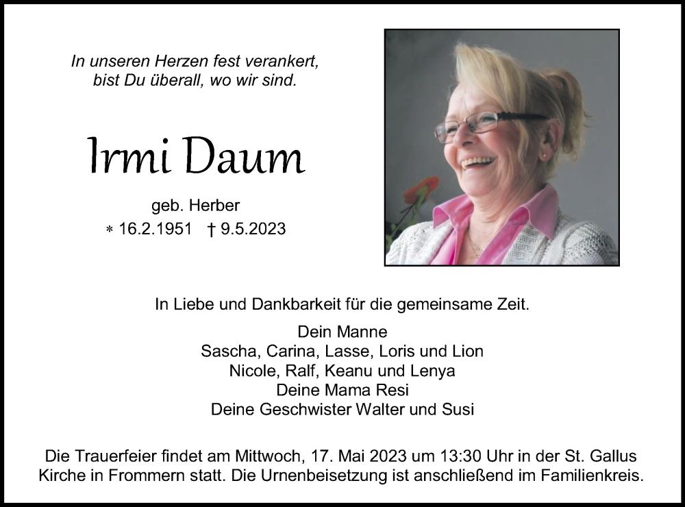  Traueranzeige für Irmi Daum vom 13.05.2023 aus Metzinger-Uracher Volksblatt